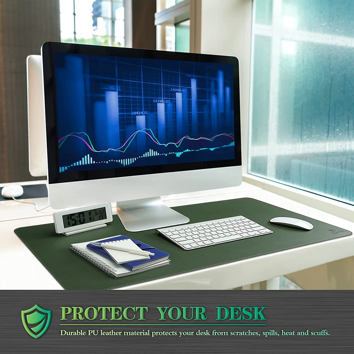 Desk Mat, Blotter, Dual-Sided Office Desk Pad, Waterproof Desk Mat for Desktop, Desk Blotters, PU Leather Pad Protector (31.5" X 15.7", Dark Green)