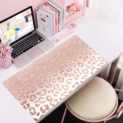 Desk Mat XXL Mouse Pad, Pink Rose Gold Leopard Print Office Supplies and Accessories Decor for Women 31.5X15.75In,Stitched Edges Smooth Non-Slip Bottom, Large Pad
