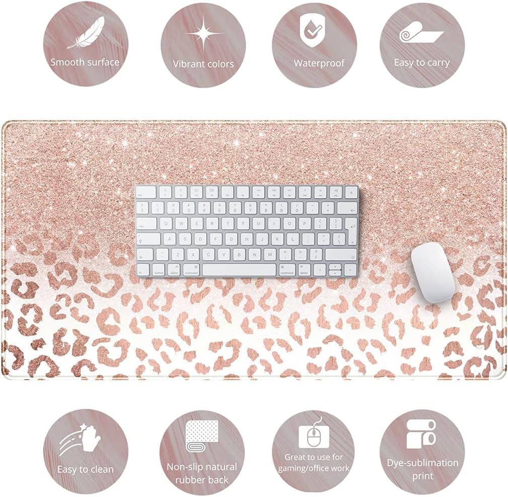 Desk Mat XXL Mouse Pad, Pink Rose Gold Leopard Print Office Supplies and Accessories Decor for Women 31.5X15.75In,Stitched Edges Smooth Non-Slip Bottom, Large Pad