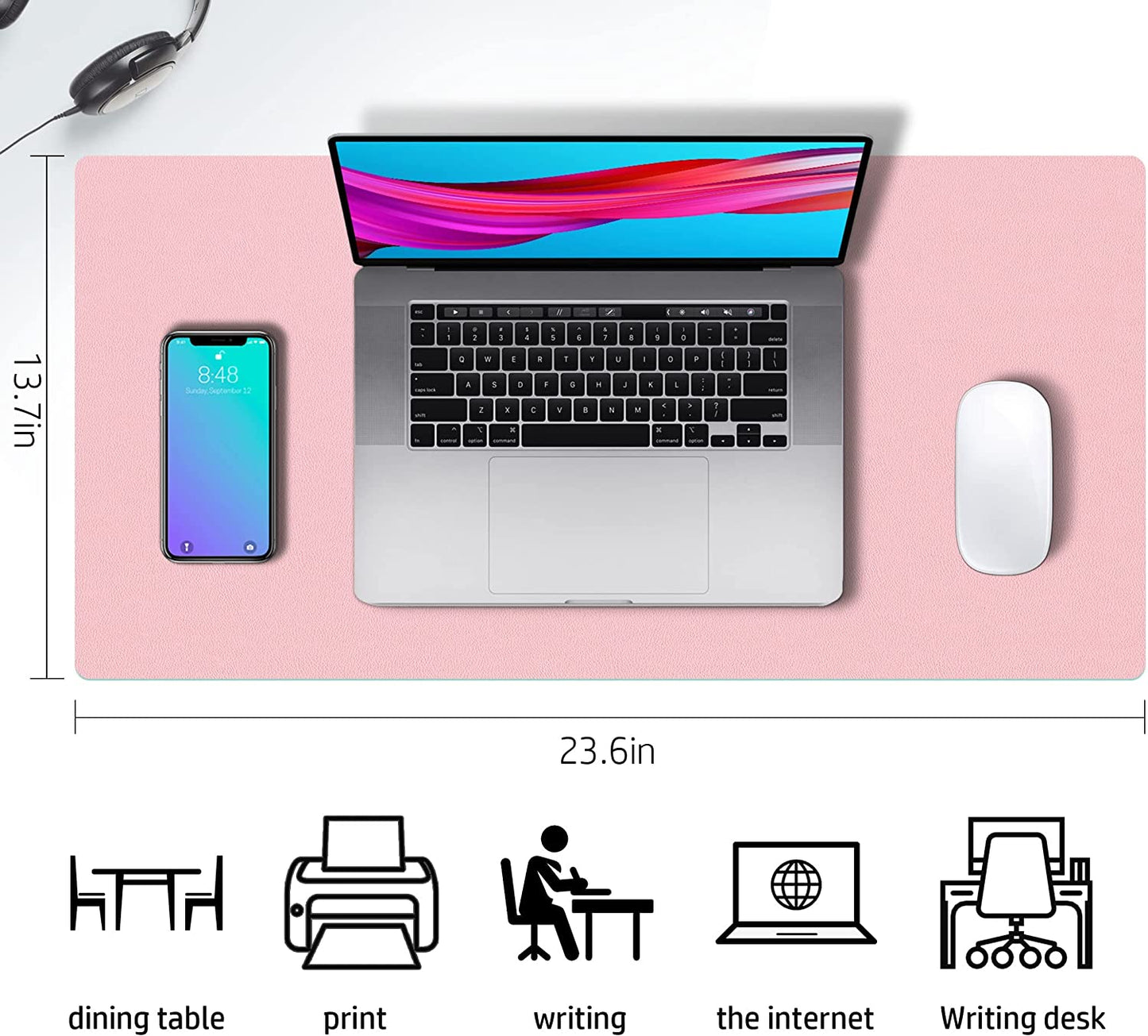 Desk Mat Large Protector Pad - Multifunctional Dual-Sided Office Desk Pad,Smooth Surface Soft Mouse Pad, Waterproof Desk Mat for Desktop, Pu Leather Desk Cover for Office/Home(Pink, 23.6" X 13.7")