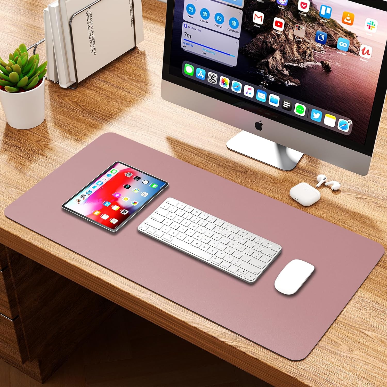 Dual Sided Leather Desk Pad (31.5 X 15.7"), Office Waterproof Desk Mat, PU Mouse Pad, Desk Protector Cover, Desk Writing Mat for Office/Home/Work/Cubicle (Purple/Pink)