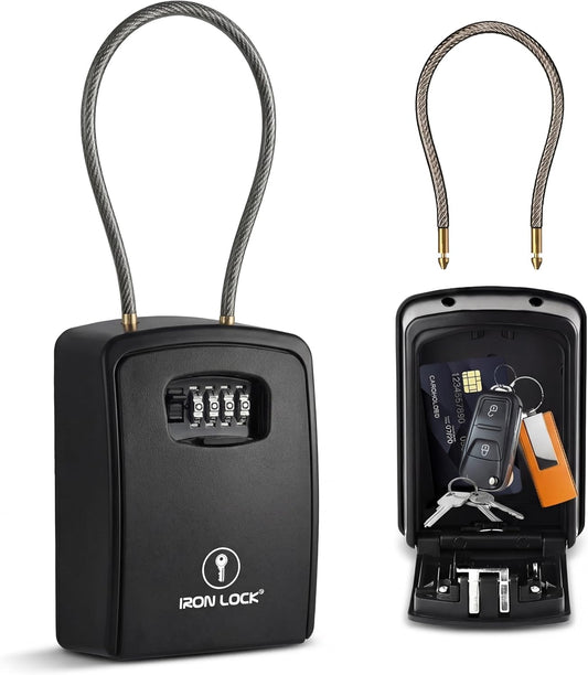 ® XXL Key Lock Box Portable and Wall Mounted with Removable Cable Shackle Waterproof Indoor Outdoor 4 Digit Combination with Resettable Code with a B Switch Extra Large Key Lockbox Outside