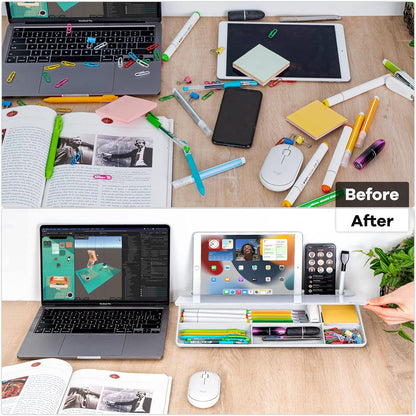 Desk Whiteboard Dry Erase Glass Whiteboard, Desktop White Board with Storage To-Do List Memo Notepad Desktop Buddy Keyboard Stand for Home Office and School Accessories Supplies (White)