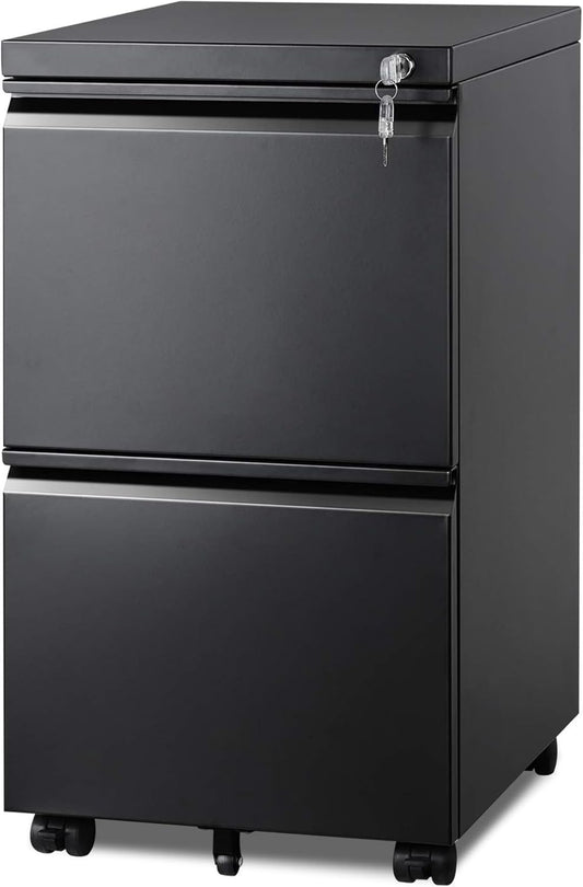 2-Drawer Mobile File Cabinet with Lock, Vertical Filing Cabinet, Black