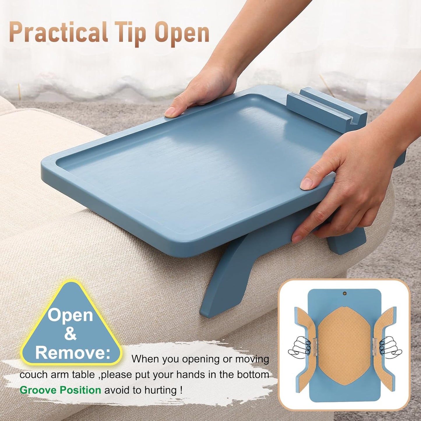 Sofa Arm Clip on Tray Table,Bamboo Couch Table for Wide Side Table, Armrest with 360° Phone Holder,Portable TV Table,Sofa Eating and Drink Blue