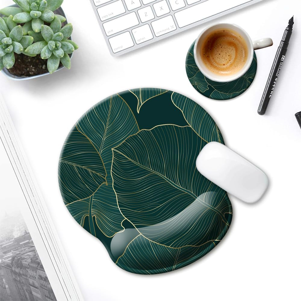 Ergonomic Mouse Pad with Wrist Support Gel Mouse Pad with Wrist Rest, Comfortable Computer Mouse Pad for Laptop, Pain Relief Mousepad with Non-Slip Rubber Base,Green Leaves
